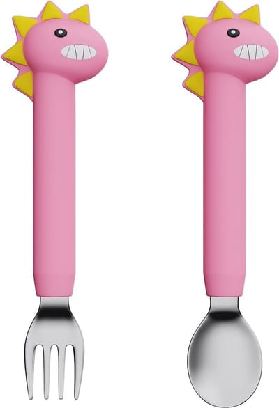Set van 2 bestek voor het leren eten, kinderfork en lepel van roestvrij staal, ideaal voor peuters, stimuleert eetlust en is perfect voor babyvoeding
