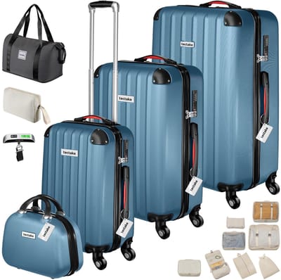 tectake® 19-delige Kofferset - Reiskoffer Set met Bagageweegschaal, Label en Accessoires - 360° wielen - ABS Harde Schaal - Koffer met TSA-Cijferslot - Stapelbaar - Trolley Handbagage - Ruimbagage - 95L, 64L, 39L Koffers en Beautycase - Blauw