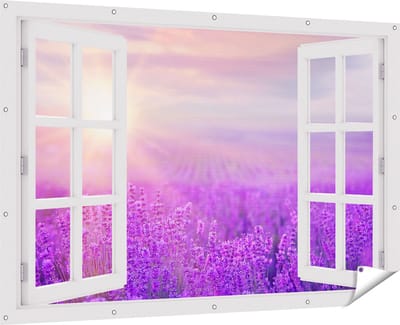 Gards Tuinposter Doorkijk Bloemenveld met Paarse Lavendel - 180x120 cm - Tuindoek - Tuindecoratie - Wanddecoratie buiten - Tuinschilderij