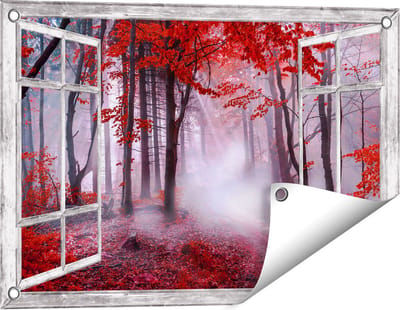 Gards Tuinposter Doorkijk Rood Bos met Bomen - 60x40 cm - Tuindoek - Tuindecoratie - Wanddecoratie buiten - Tuinschilderij