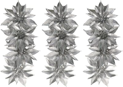 Decoratie bloemen - op clip - 12x - zilver - 9,5 cm - kunststof - kerstbloemen - Kerstboom ornamenten
