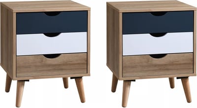Vente-unique Set van 2 nachtkastjes 3 lades - Kleur: naturel, wit en marineblauw - LURVIA