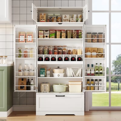 MODFU - Keukenkast - Verstelbare Planken En Lade - Vrijstaand Voor Eetkamer Of Woonruimte - MDF - Wit - 80 X 40 X 180 Cm