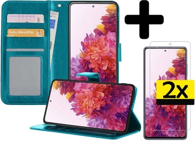 Hoesje - Met 2x Screenprotector - Geschikt voor Samsung Galaxy S20 FE - Luxe Pasjeshouder - Bookcase Portemonee - Flip Case - Kunstleer Book Case - Flipcase Hoes - Book Cover - Walletcase - Portemonneehoes - Telefoonhoesjes - Turquoise
