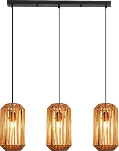 Glitzerlife - Hanglampen - Boho Retro - Lanternvormig - 3xE27 - Hoogteverstelbaar - Handgeweven Papierseil IJzer - Ø16cm - Zwart Licht Curry - Hanglamp Eetkamer Woonkamer Slaapkamer
