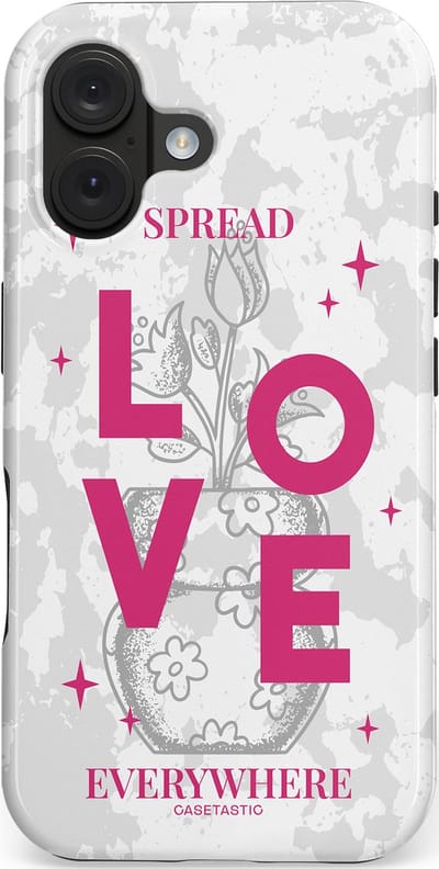 Casetastic hoesje geschikt voor Apple iPhone 16 - MagSafe - Dubbellaagse bescherming - Spread Love Everywhere - Grijs Roze - Valentijn - Valentine - Fashion Case - Lichtgrijs Wit Roze