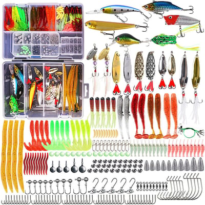 Ensemble d'appâts de pêche pour eau douce 327 pièces Coffret de matériel de pêche avec matériel et équipement de pêche Crankbait Soft Worm Spinner Spoon gray