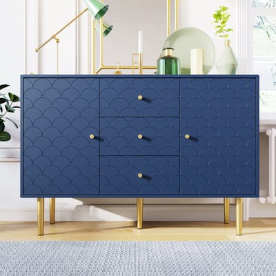 Wishdor Dressoir Met 2 Deuren En 3 Laden - Verstelbare Legplank - Visgraatstructuur Bovenblad - Metaal En Spaanplaat - Marineblauw - 120 X 40 X 83 Cm