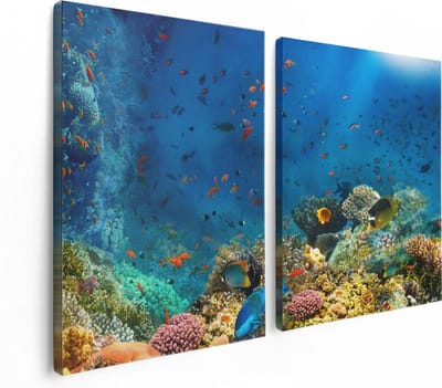 Artaza Canvas Schilderij Tweeluik Onderwater Vissen Met Koraal In De Zee - 120x80 cm - Wanddecoratie Woonkamer - Schilderijen - Muurdecoratie