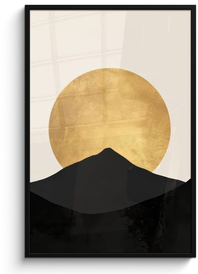 Poster in lijst - Fotolijst 80x120 cm - Posters - Bergsilhouetten - Gouden cirkel - Beige - Posterlijst zwart - Decoratie - Wanddecoratie woonkamer - Muurdecoratie slaapkamer