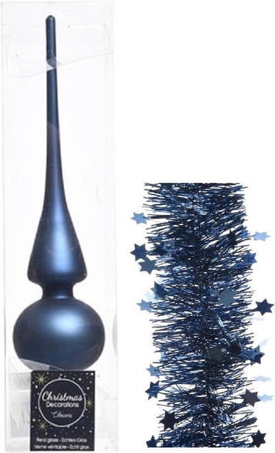 Kerstversiering glazen piek mat 26 cm en sterren folieslingers pakket donkerblauw van 3x stuks - Kerstboomversiering