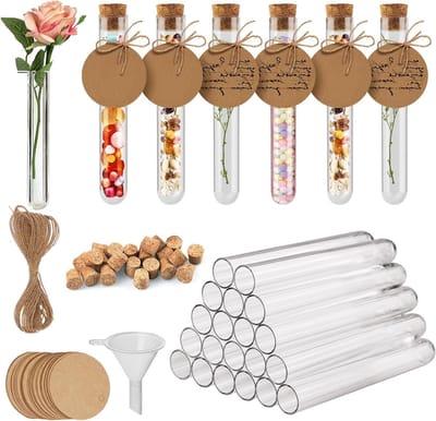 Transparante Proefbuizen met Kurken Sluiting, 16 x 100 mm, Plastic Testbuizen met Hanger en Jute Touw voor Laboratorium, Gastcadeaus, Snoep en Specerijen