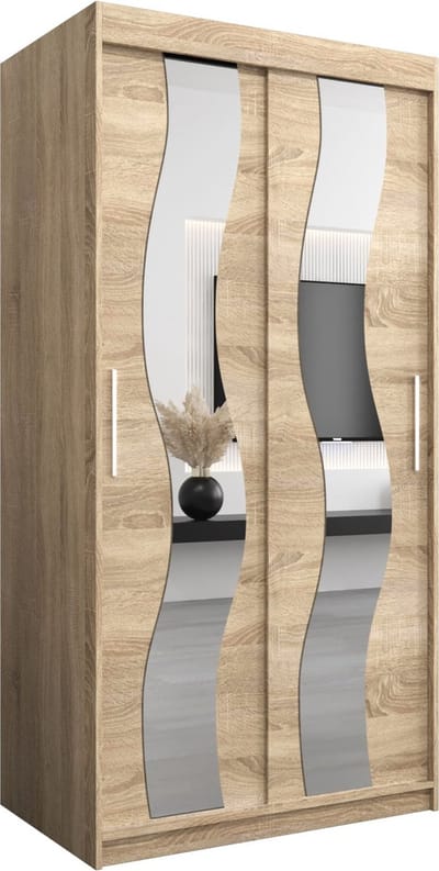 InspireMe - Kledingkast met 2 schuifdeuren, Modern-stijl, Een kledingkast met planken en een spiegel (BxHxD): 100x200x62 - REESE 100 Sonoma Eik met 2 lades