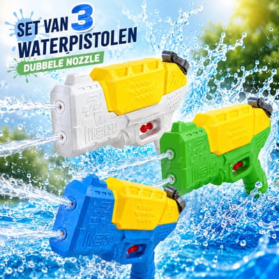 Waterpistolen Set van 3 – Dubbele Nozzle – 27 x 4,5 x 17 cm – Wit, Groen & Blauw – Waterspeelgoed