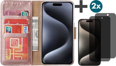Hoesje met Privacy Screenprotectors 2 Stuks Geschikt voor iPhone 15 Pro – Arara bookcase met pasjeshouder - Goud