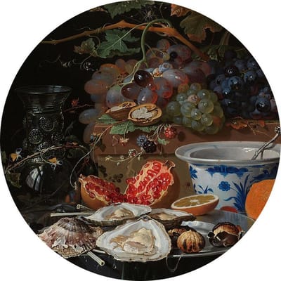 Stilleven met vruchten, oesters en een porseleinen kom, Abraham Mignon - Foto op Behangcirkel - ⌀ 80 cm