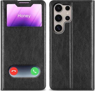 Cadorabo Hoesje geschikt voor Samsung Galaxy S24 ULTRA in Zwart - Beschermhoes met magnetische sluiting, standfunctie en 2 kijkvensters Book Case Cover Etui