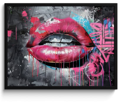 Poster in lijst - Fotolijst 70x50 cm - Posters - Lippen - Felroze - Graffiti - Verfstrepen - Posterlijst zwart - Decoratie - Wanddecoratie woonkamer - Muurdecoratie slaapkamer