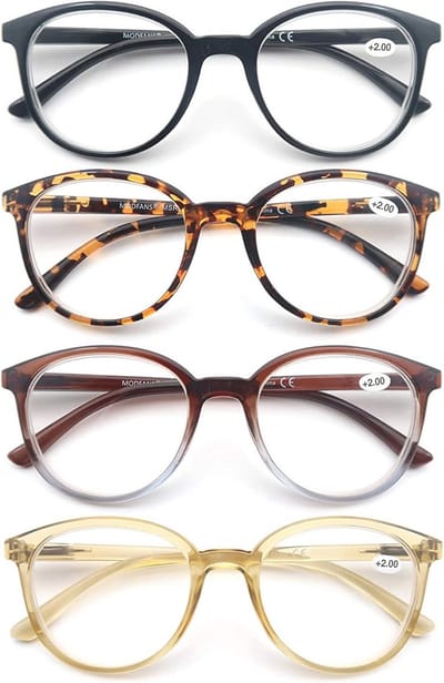 Leesbril 4-Pack voor Mannen en Vrouwen - Rond Frame met Comfort Spring Scharnieren - Zwart, Bruin, Schildpad, Geel