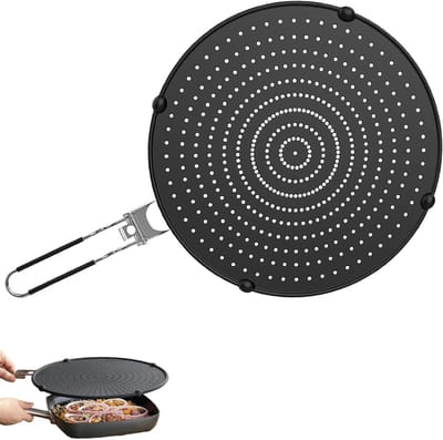 Multifunctionele 32 cm spatscherm met opvouwbare handgreep van silicone en roestvrij staal, universeel spatdeksel voor koekenpan, koken en bakken, bescherming tegen vetspetters