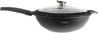 Wokpan met Deksel - Roerbakpan Koekenpan - Gerechten Bereiden - Gegoten Aluminium - 32 cm - Zwart