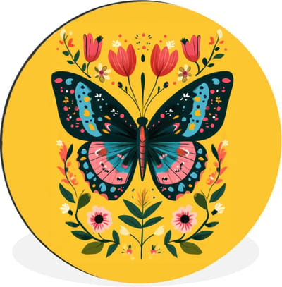WallCircle - Wandcirkel - Muurcirkel - Bloemen - Kleurrijk - Vlinder - Sierlijk - Aluminium - Dibond - 30x30 cm - Binnen en Buiten
