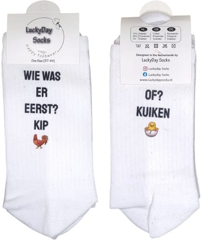LuckyDay socks- Festival sokken - Opkikkertje - Verjaardag cadeau - Vrolijke sokken - Witte sokken - Tennis sokken - Sport sokken - Party sokken - Valentijns cadeau - Sokken met tekst - Kip ei - Grappige sokken - Mismatch sokken - Maat 37-44