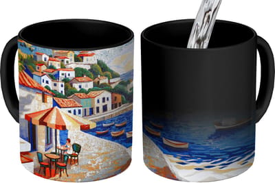 Magische Mok - Foto op Warmte Mokken - Koffiemok - Kustdorp - Huisjes - Mozaïek - Zee - Magic Mok - Beker - 350 ML - Theemok