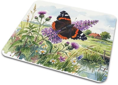Muismat Atalanta Vlinder - Oranje Zwarte Vlinder op Paarse Vlinderstruik - Natuurlijk Landschap "Aquarel Series" Mousepad - Hollandse Tuin Illustratie - Kleurrijke Flora & Fauna - Bureau Decoratie Cadeau voor haar: Vrouw, Vriendin & Collega