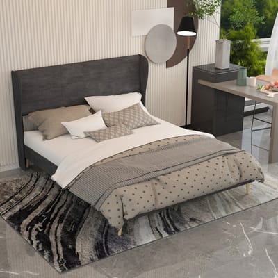 REDOM gestoffeerd bedframe 160x200 cm – Stof + metaal grijs – Zacht hoofdbord, modern minimalistisch – 2 pakketten