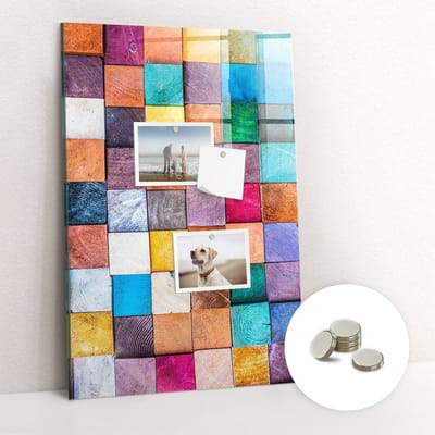 Tulup Glassboards - Kleurrijke houten kubussen Magneetbord - 40 cm x 60 cm - Veelkleurig Magnet Board - Gratis 5 Sterke Magneten - Interieur Accessoires Kantoor - Memobord Keuken - Magnetisch Bord - Ideeënbord Thuiswerkplek - Magneetbord Rechthoekig