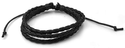 Zwarte herenarmband met 3 gevlochten kunstleer strookjes en schuifknoop