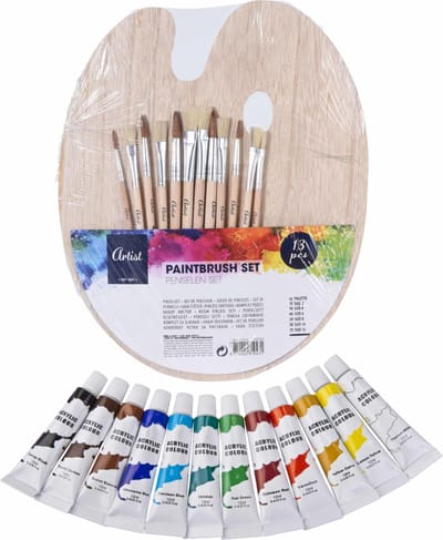 Toppoint Hobby/knutsel schilderen set - met 12 kleuren acryl verf - en houten palet - 12 verfkwasten