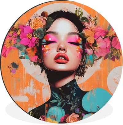 WallCircle - Wandcirkel - Muurcirkel - Portret - Vrouw - Abstract - Bloemen - Aluminium - Dibond - 30x30 cm - Binnen en Buiten