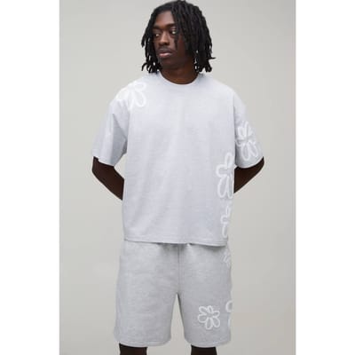 Oversized Boxy T-shirt & Wijde Short Set Met Bloemen Puff Print | Grey Marl | Size XS
