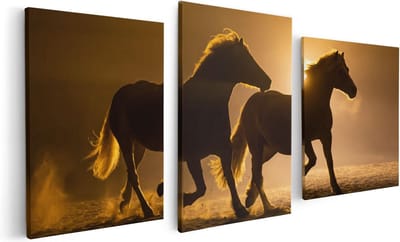 Artaza Canvas Schilderij Drieluik Silhouet Van Twee Paarden - 120x60 - Foto Op Canvas - Canvas Print