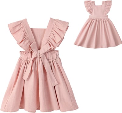 Joya Kids® Linnen Meisjes Jurkje Roze | Baby & Peuter Jurk met Ruffles en Strik | Zomerjurk Licht Roze | Zomersetje Zacht Roze | Luchtige Zomerkleding Meisje | Maat 80 t/m 120 | 6 Maanden tot 5 jaar | Maat 80