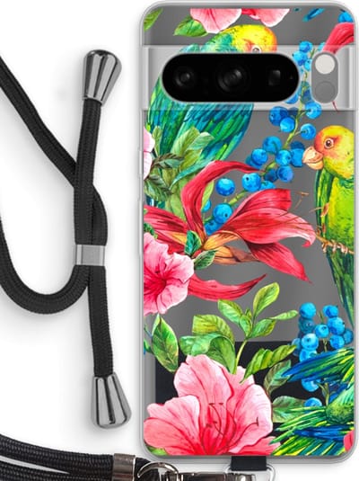 Case Company® - Hoesje met koord geschikt voor Google Pixel 8 Pro hoesje met Koord - Papegaaien - Telefoonhoesje met Zwart Koord - Bescherming aan alle Kanten en Over de Schermrand