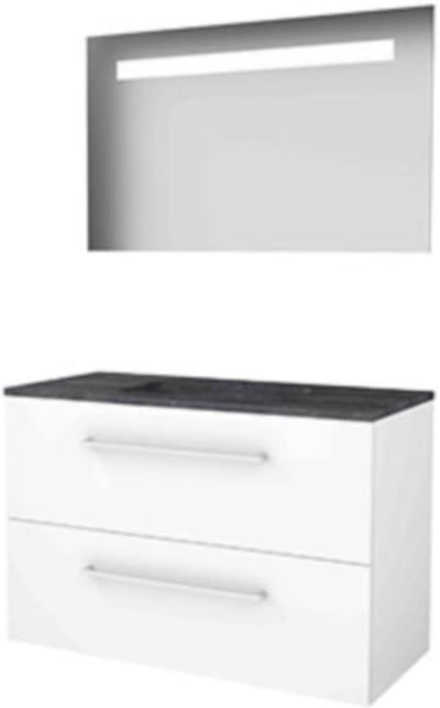 Basic-Line Economic 46 Badkamermeubelset - 100 x 46 cm - Met Grepen - 2 Lades - Hardstenen Wastafel - 1 Kraangat - Spiegel met LED Verlichting - Ice White