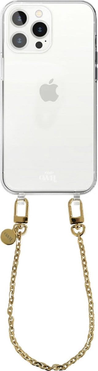 xoxo Wildhearts siliconen hoesje - Geschikt voor iPhone 14 Pro - Dreamy - Telefoonhoesje - Hoesje met koord - Gouden ketting - kort telefoonkoord - Transparant hoesje (korte variant)