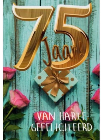 75 jaar! Van harte gefeliciteerd met je verjaardag! Een mooie kaart met een afbeelding van rozen en een cadeautje. Een leuke kaart om zo te geven of om bij een cadeau te voegen. Een dubbele wenskaart inclusief envelop en in folie verpakt.