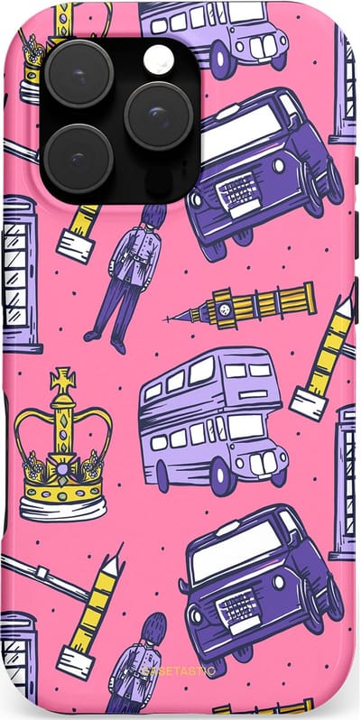 Casetastic hoesje geschikt voor Apple iPhone 16 Pro - MagSafe - Dubbellaagse bescherming - Brits London Roze Avontuur - Londen - Fashion Case - Koraal Lavendel Grijs Donkerblauw