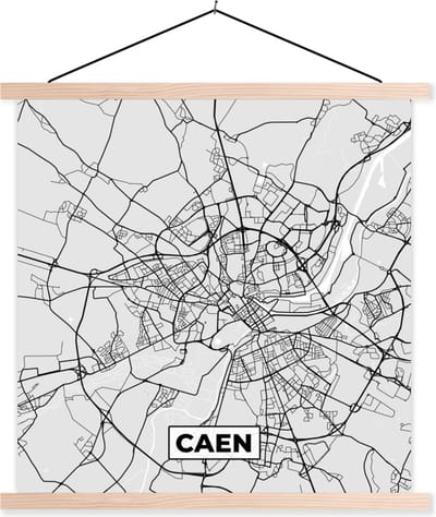 Posterhanger incl. Poster 40x40 cm - Schoolplaat - Plattegrond - Kaart - Stadskaart - Frankrijk - Caen - Textielposter - Blanke latten - Stadskaart