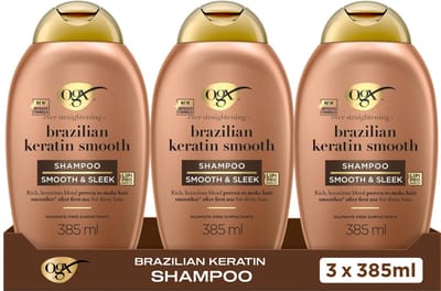 OGX Shampoo Brazilian Keratine Smooth, Kokosolie & Keratine, Anti-Pluis & Glans, Voor Krullend of Golvend Haar, Sulfaatvrij, Verstevigt & Verzacht, 3x385 ml