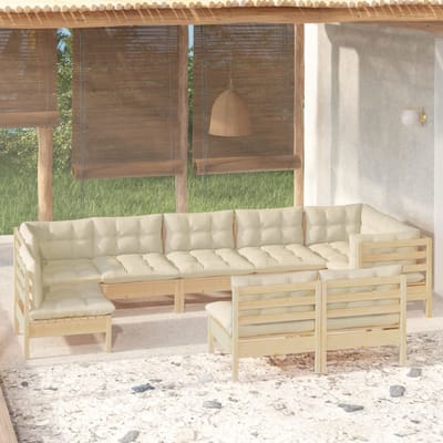 vidaXL - 9-delige - Loungeset - met - crèmekleurige - kussens - massief - grenenhout