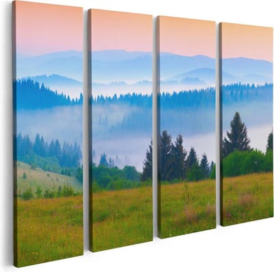 Artaza Canvas Schilderij Vierluik Mistige Heuvel Landschap Met Bossen - 80x60 - Foto Op Canvas - Canvas Print