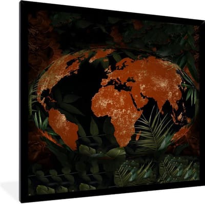 Poster in lijst - Fotolijst 40x40 cm - Posters - Wereldkaart - Planten - Rood - Posterlijst zwart - Decoratie - Wanddecoratie woonkamer - Muurdecoratie slaapkamer