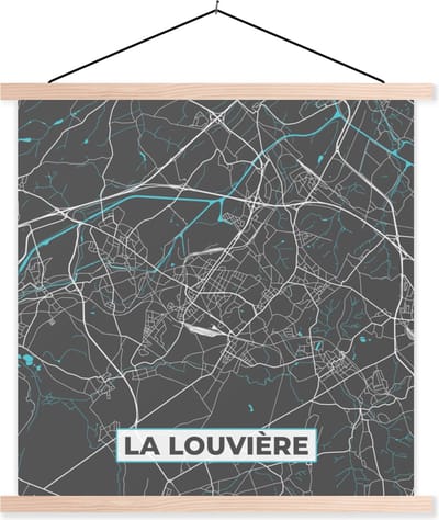 Posterhanger incl. Poster 40x40 cm - Schoolplaat - Plattegrond – La Louvière – Blauw – Stadskaart - Kaart - Textielposter - Blanke latten - Stadskaart