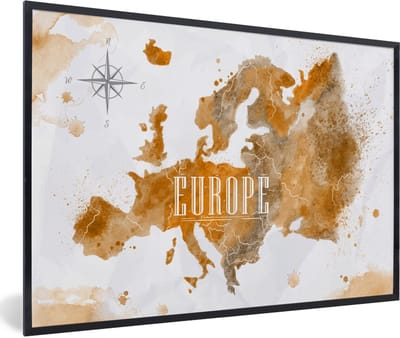 Poster in lijst - Fotolijst 120x80 cm - Posters - Wereldkaart - Europa - Kleur - Posterlijst zwart - Decoratie - Wanddecoratie woonkamer - Muurdecoratie slaapkamer