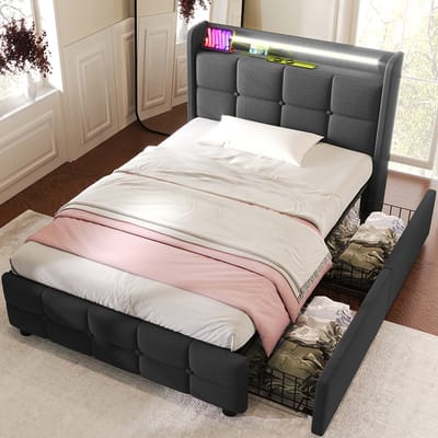 KOMHTOM Bed Eenpersoonsbed 90x200 cm met USB-oplaadfunctie Hoofdbord en LED-verlichting en 2 laden Grijs Met matras